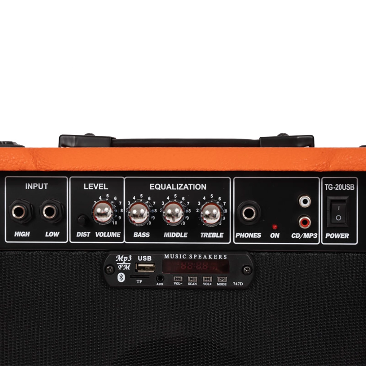 پنل کنترل امپلی گیتار Fender TG20 USB شامل ورودی High/Low، اکولایزر سه باند، USB، FM و AUX

