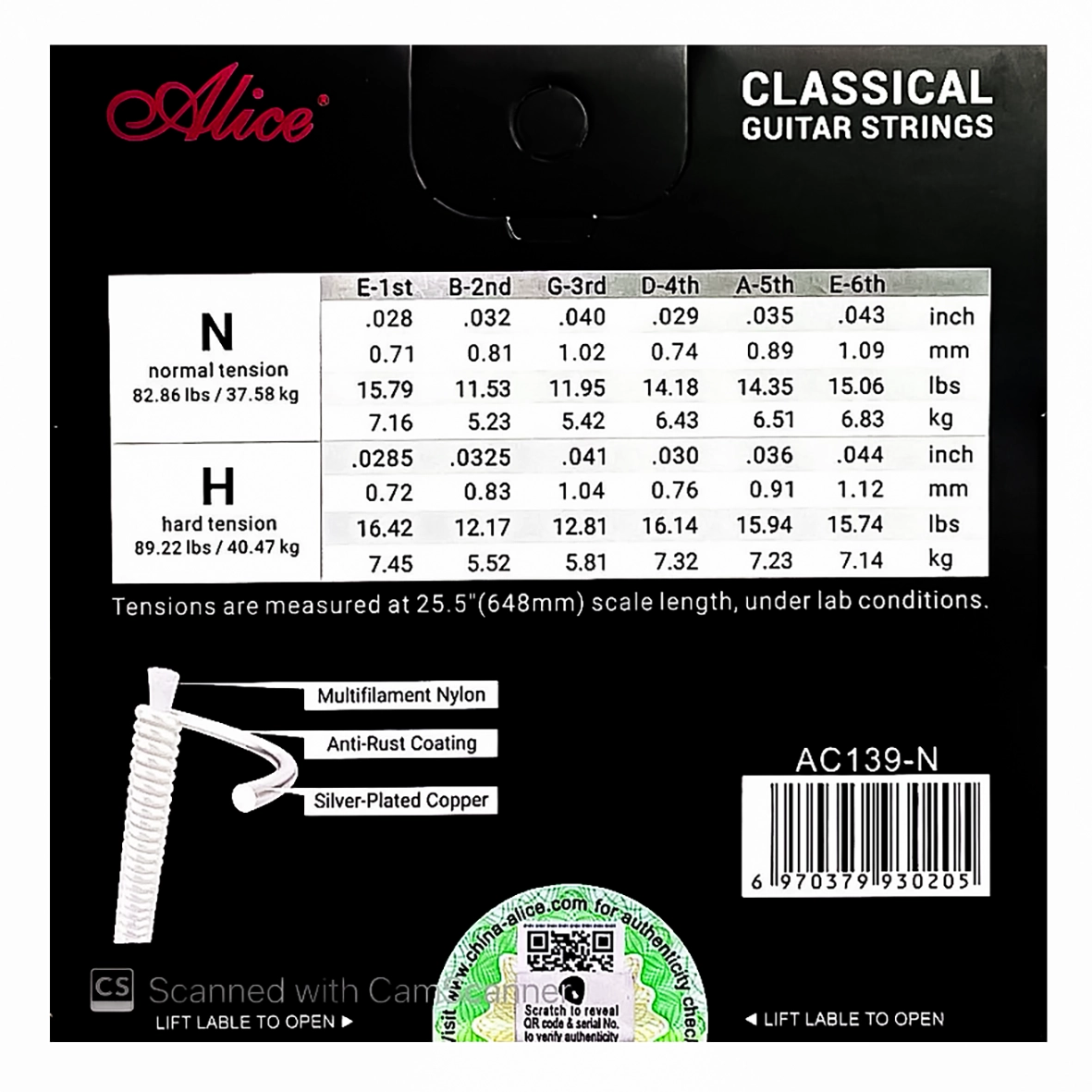 مشخصات و جدول تنشن سیم گیتار کلاسیک آلیس Alice AC139 N پشت بسته
