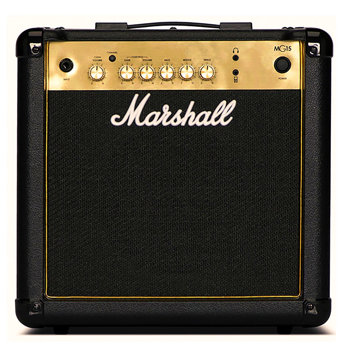 امپلی مارشال Marshall MG15 نمای سه‌ربع از بالا با دکمه‌های کنترل