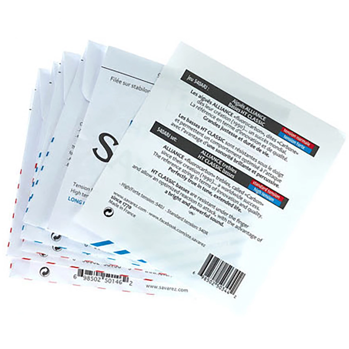 «نمای نزدیک از سیم‌های کربنی و نقره‌ای Savarez 540ARJ با تنش بالا»