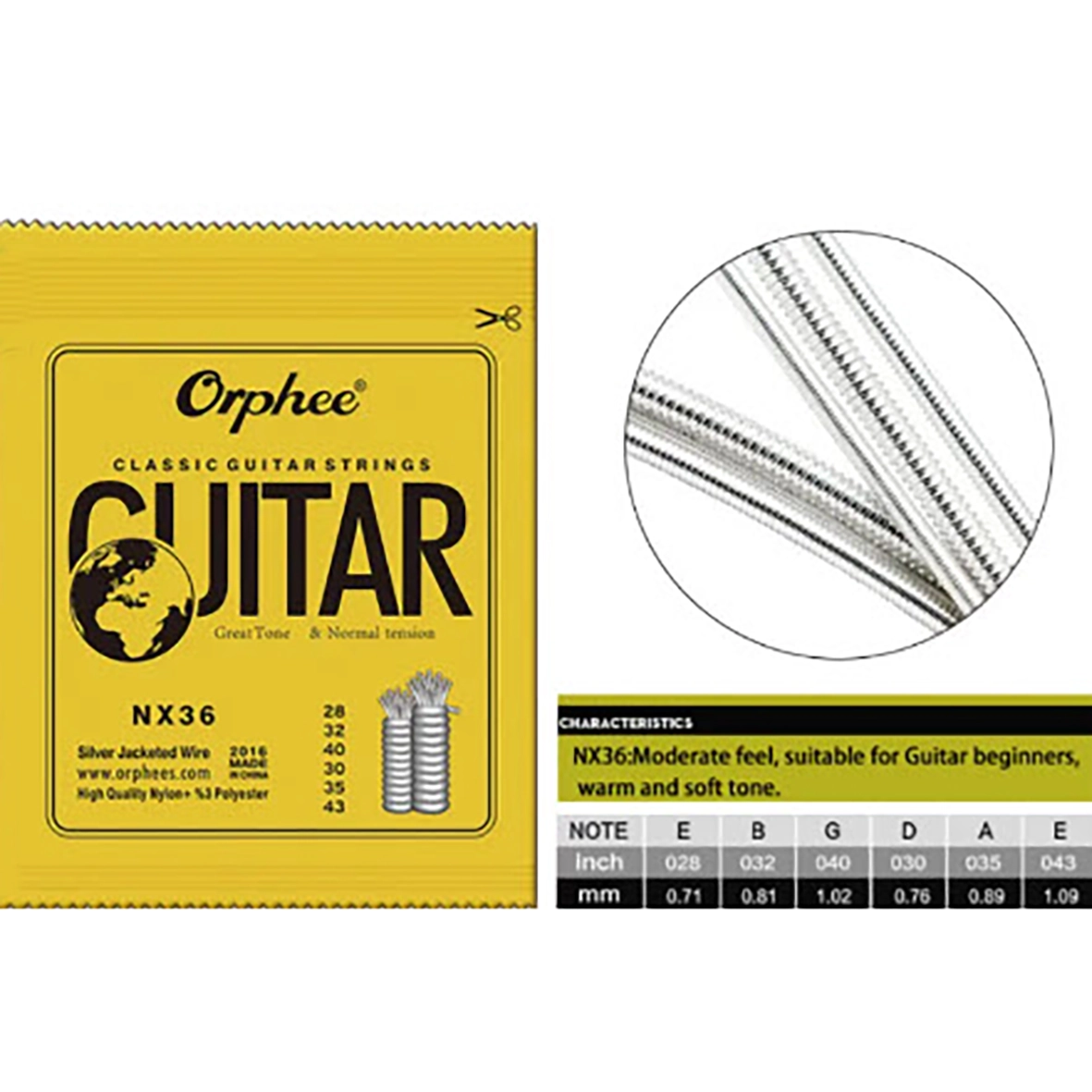مشخصات فنی و گِیج سیم Orphee NX36 .028 .032 .040 .030 .035 .043 میلی‌متر