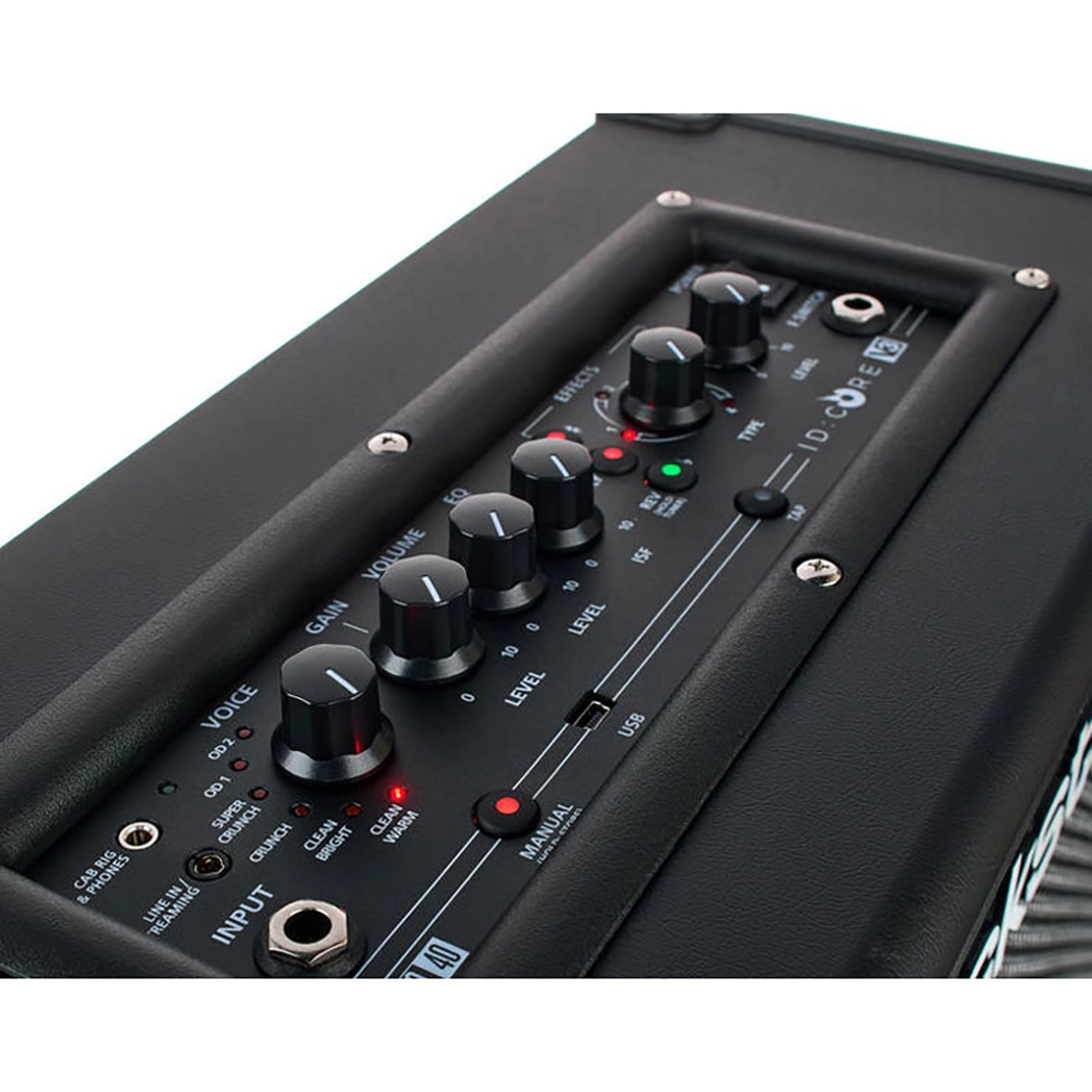 عکس زاویه‌دار از بالا و بغل امپلی فایر Blackstar Stereo 40 V2 با نمایش کامل پنل کنترل و بدنه