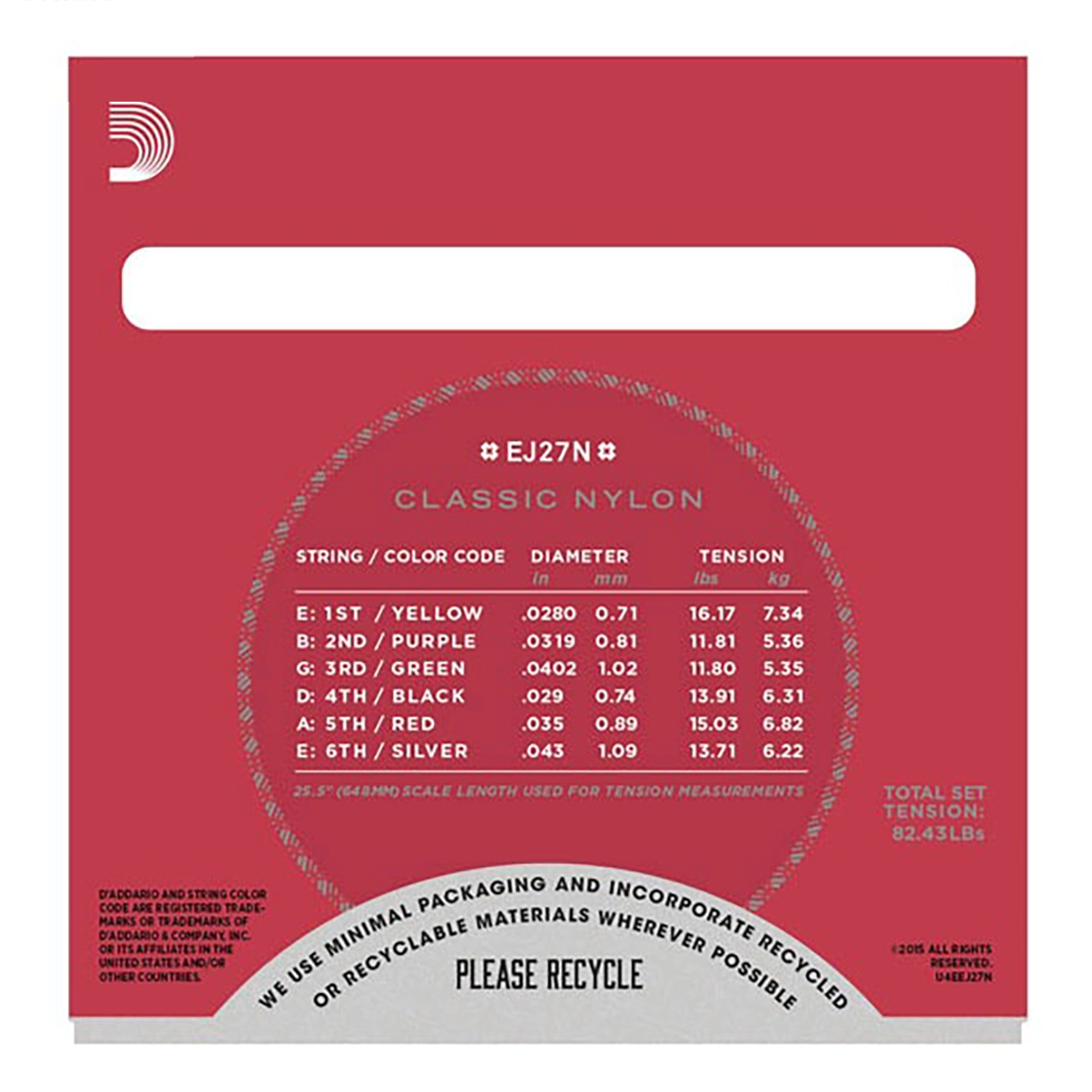مشخصات فنی سیم گیتار کلاسیک D’Addario EJ27N با طراحی قرمز و سفید