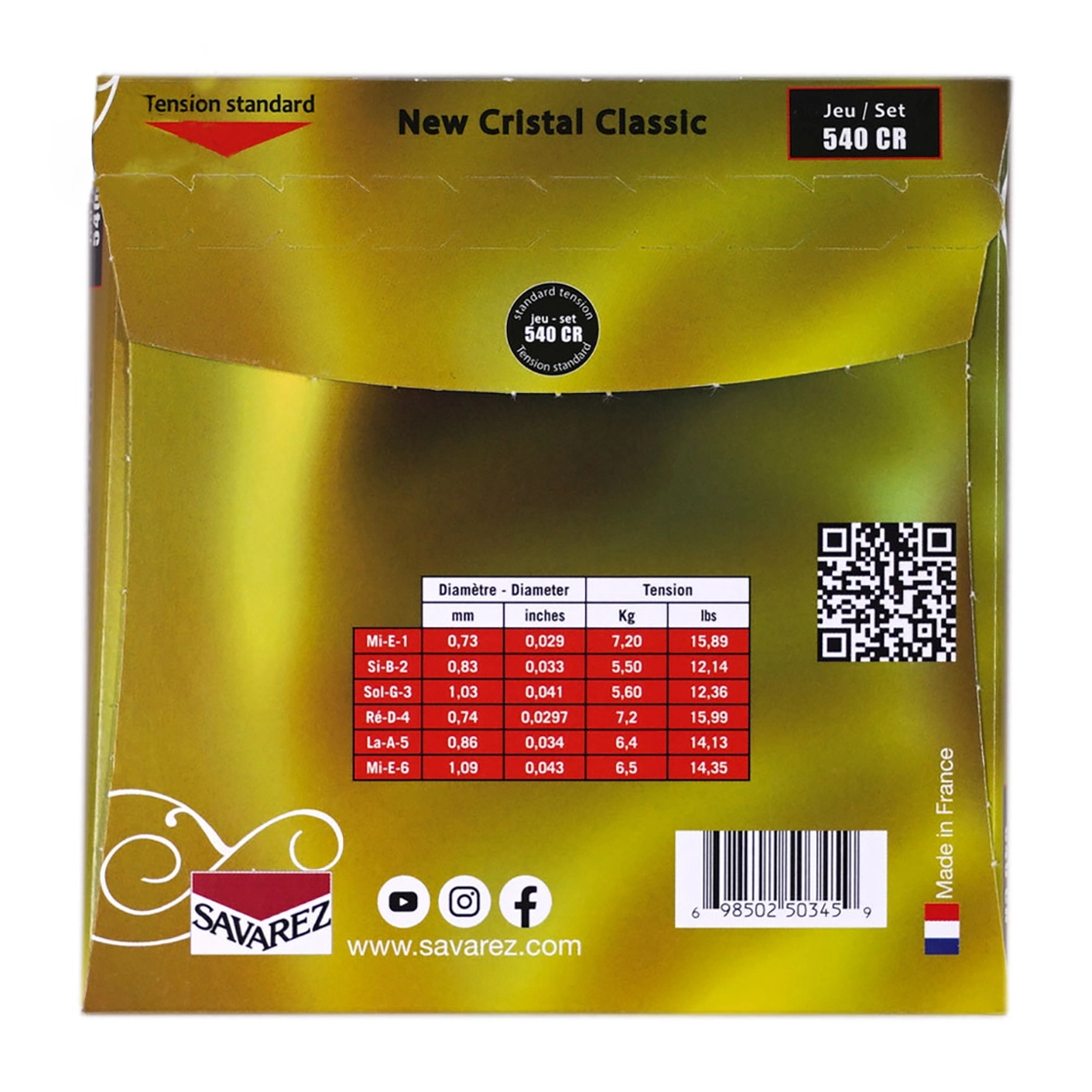 اطلاعات فنی سیم گیتار کلاسیک ساوارز مدل 540CR پشت بسته‌بندی