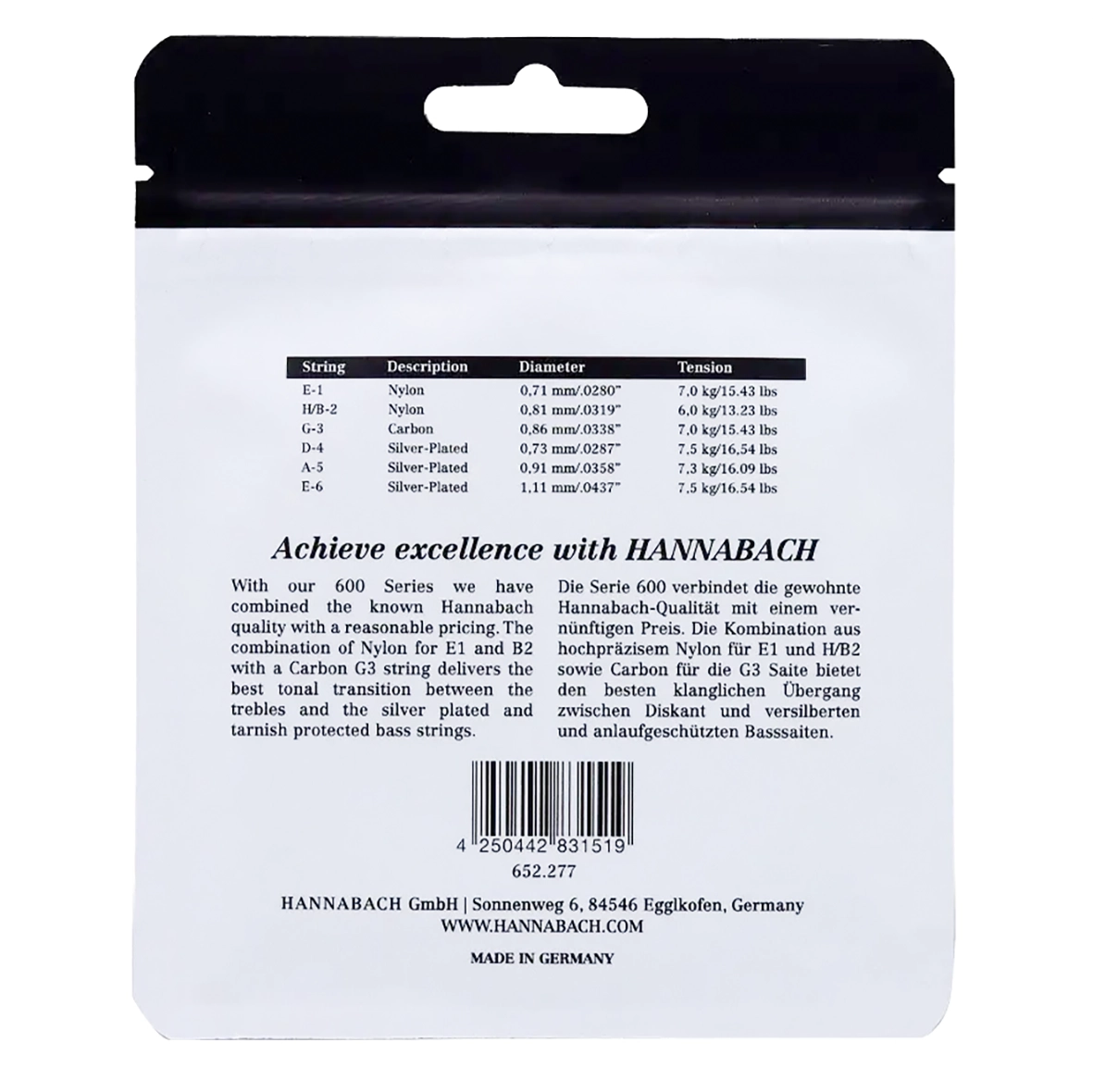 جدول مشخصات فنی نمای پشت سیم هاناباخ 600 MT G3C – سیم گیتار کلاسیک با تنشن متوسط