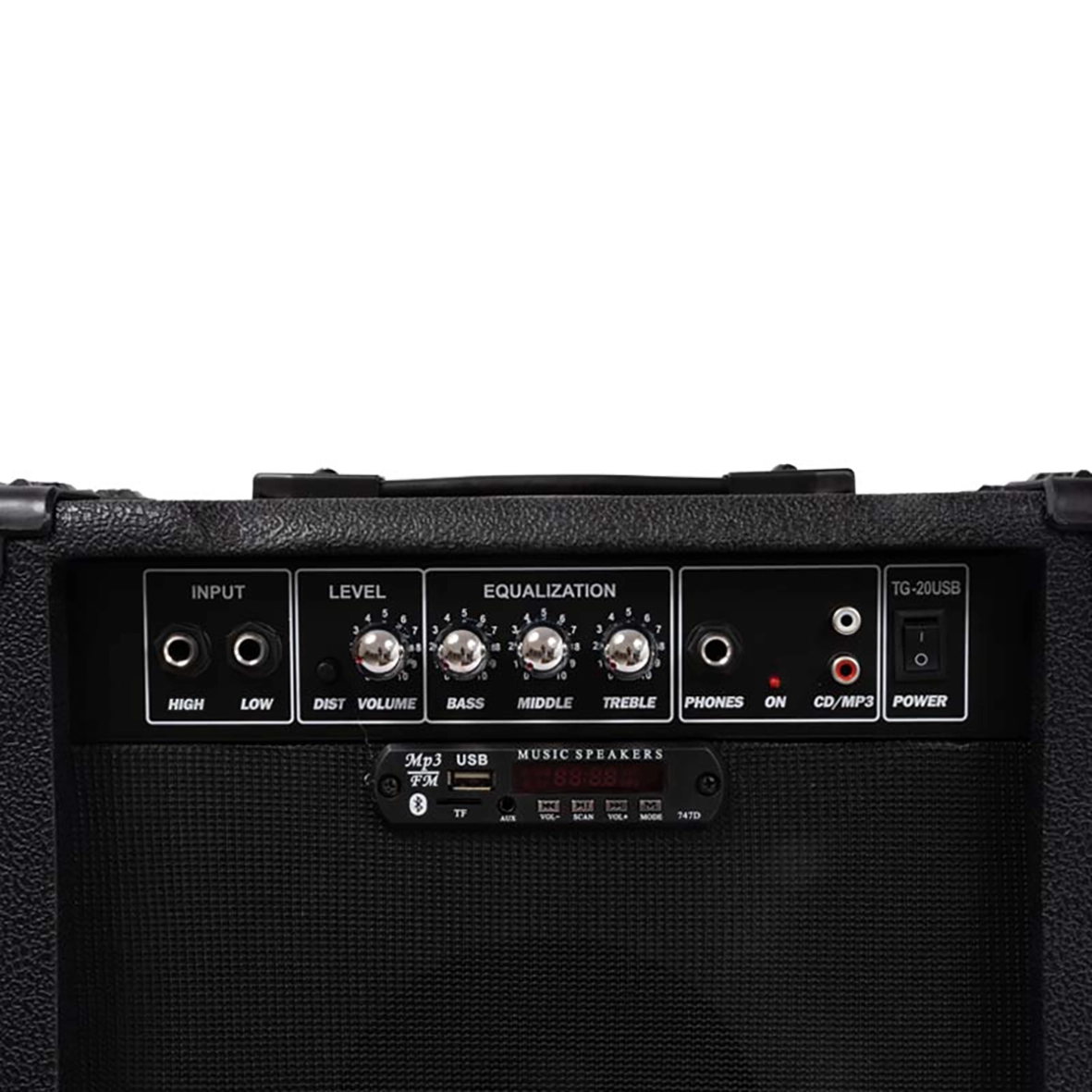 پنل کنترل امپلی گیتار Fender TG20 USB شامل ورودی High/Low، اکولایزر سه باند، USB، FM و AUX