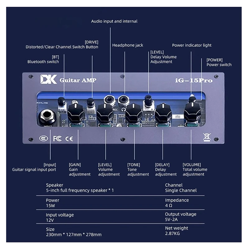 آمپلی‌فایر گیتار دی کی DK Mini Bomb iG-15 Pro نمای پنل کنترل