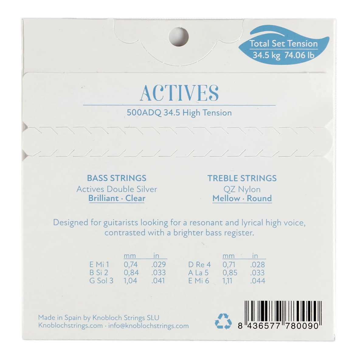 پشت بسته‌بندی سیم گیتار نبلوخ 500ADQ شامل مشخصات تنشن و ترکیب سیم‌ها
