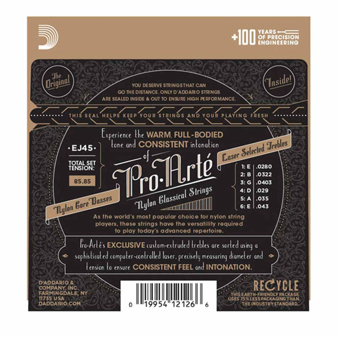 پشت بسته سیم گیتار داداریو مدل EJ45 همراه با اطلاعات کشش و ترکیب سیم‌ها
