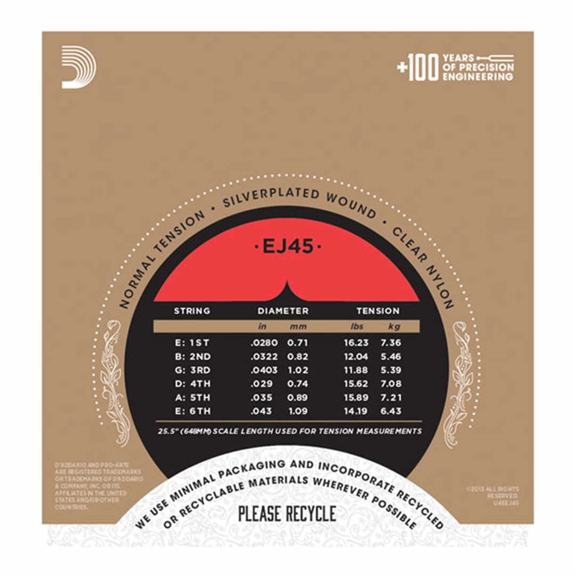  مشخصات سیم گیتار کلاسیک داداریو مدل EJ45 شامل ضخامت و کشش سیم‌ها